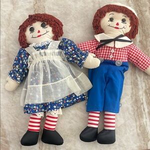 Vintage Raggedy Ann and Andy Dolls with Blue and Red Outfits